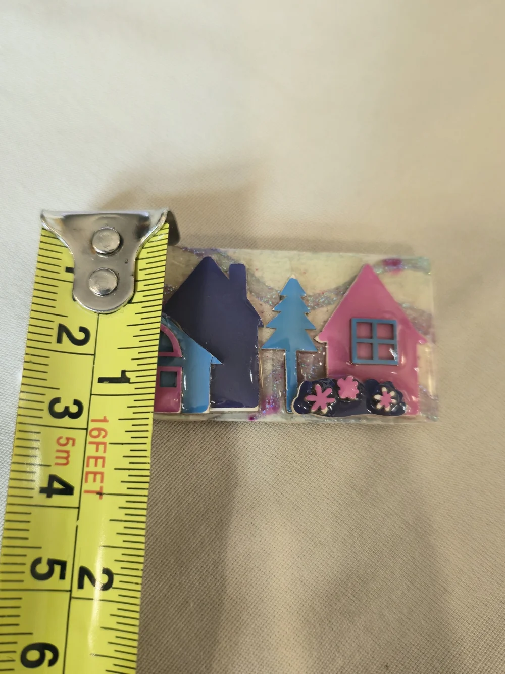 Colorful Village Enamel Brooch - Pink & Blue